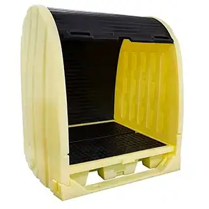 Gabinete Antiderrames para almacenar 4 tambos industriales, con puerta corrediza y cerrojo.