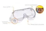 Goggles industriales de policarbonato diseñados para proteger contra salpicaduras químicas y polvo; ventilación indirecta que reduce empañamiento.