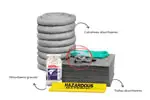 Componentes del kit: toallas, calcetines, absorbente granular, guantes y goggles para respuesta inmediata.