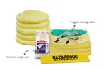 Incluye toallas y calcetines para corrosivos, absorbente granular, guantes, goggles y bolsas de desecho seguro.